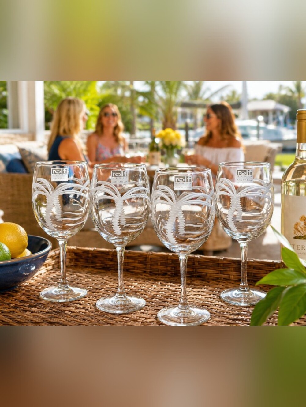Rolf Glass Palm Tree Wine Glasses Set of 4 Etched USA Coastal Barware